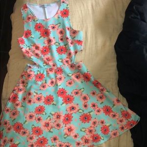 Coral and mint daisy floral sundress, side cutouts